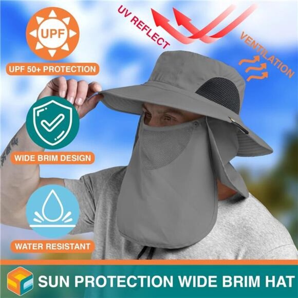 Fishing Hat for Men with UV Sun Protection Wide Brim, Face Cover, Neck Flap - Picture 3 of 7